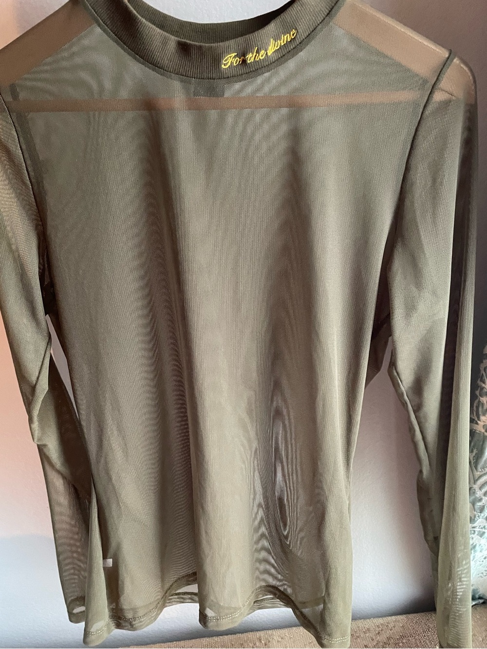 Chloé x DOMI Olive Green Sheer Mesh Top w/ embroidered Gold Script- unique - Picture 4 of 5